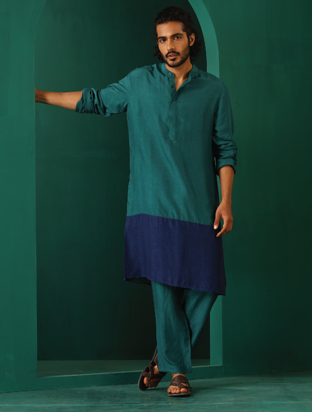 trueBrowns Men's Blue Color Block Silk Long Kurta | Grocsy