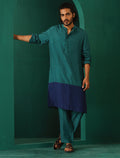 trueBrowns Men's Blue Color Block Silk Long Kurta | Grocsy