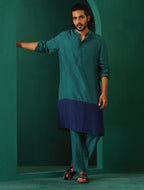 trueBrowns Men's Blue Color Block Silk Long Kurta | Grocsy