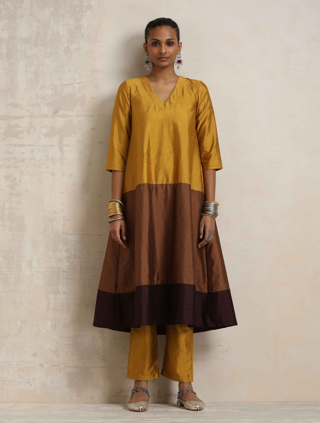 trueBrowns Gold Brown Silk A-line Kurta Set | Grocsy