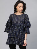 Ahalyaa Women Navy Blue & Golden Polka Dots Print Tiered Beautiful Tunic | Grocsy