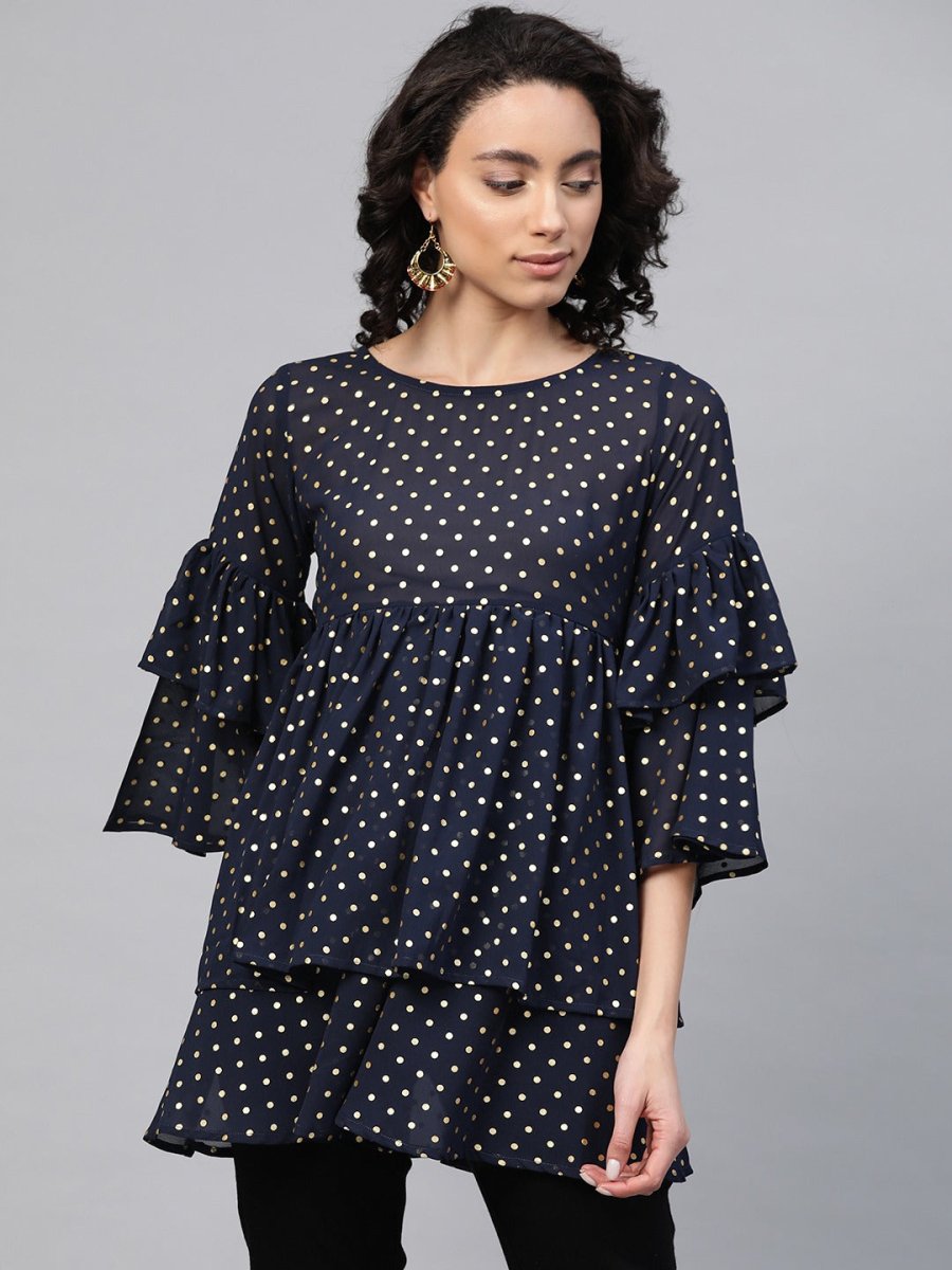 Ahalyaa Women Navy Blue & Golden Polka Dots Print Tiered Beautiful Tunic | Grocsy