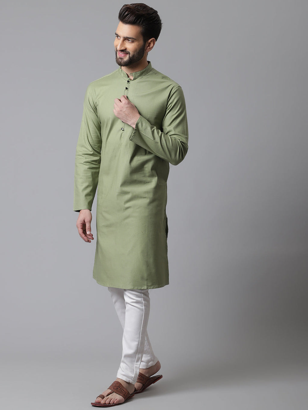 Even Apparels Green Pure Cotton Kurta With Band Collar | Grocsy