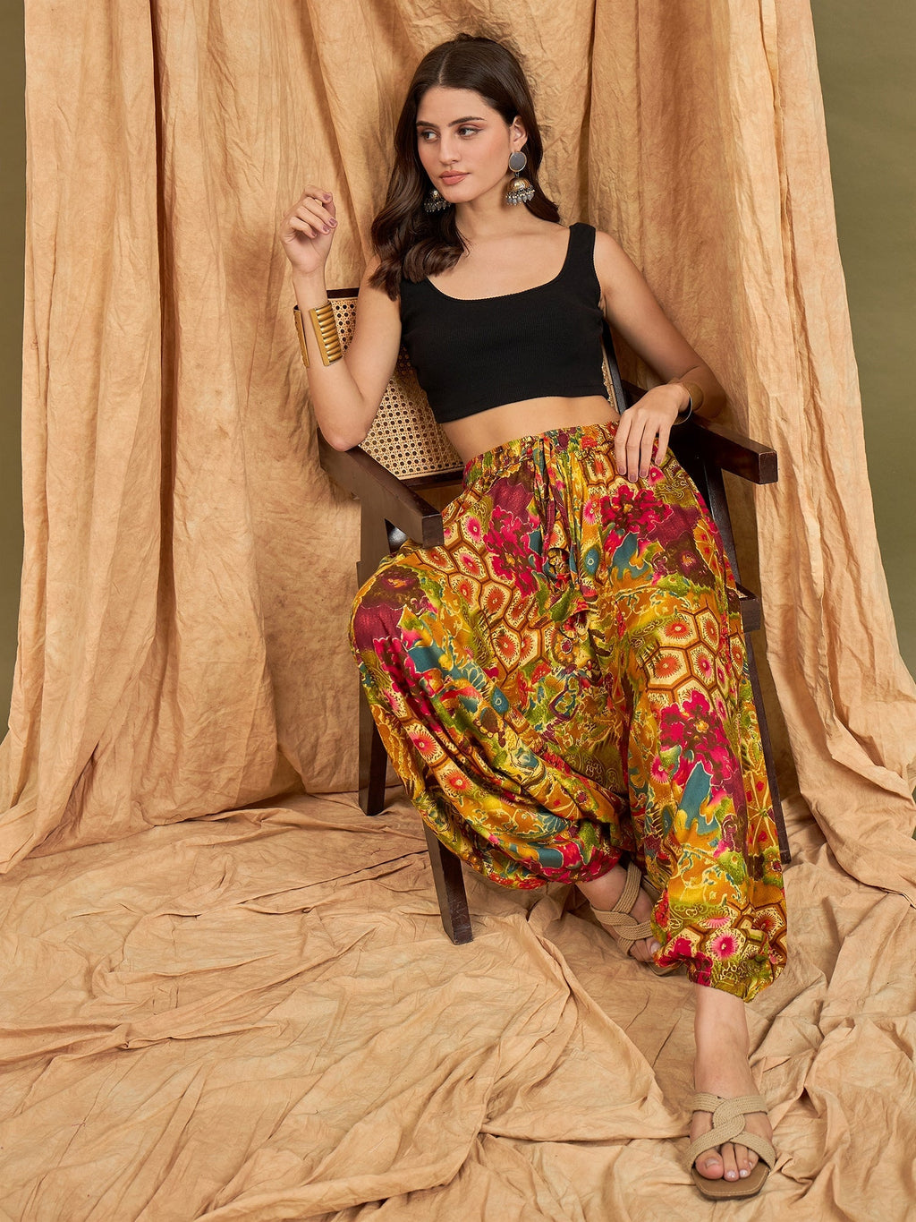 InWeave Mustard Multi Flower Harem Pant | Grocsy