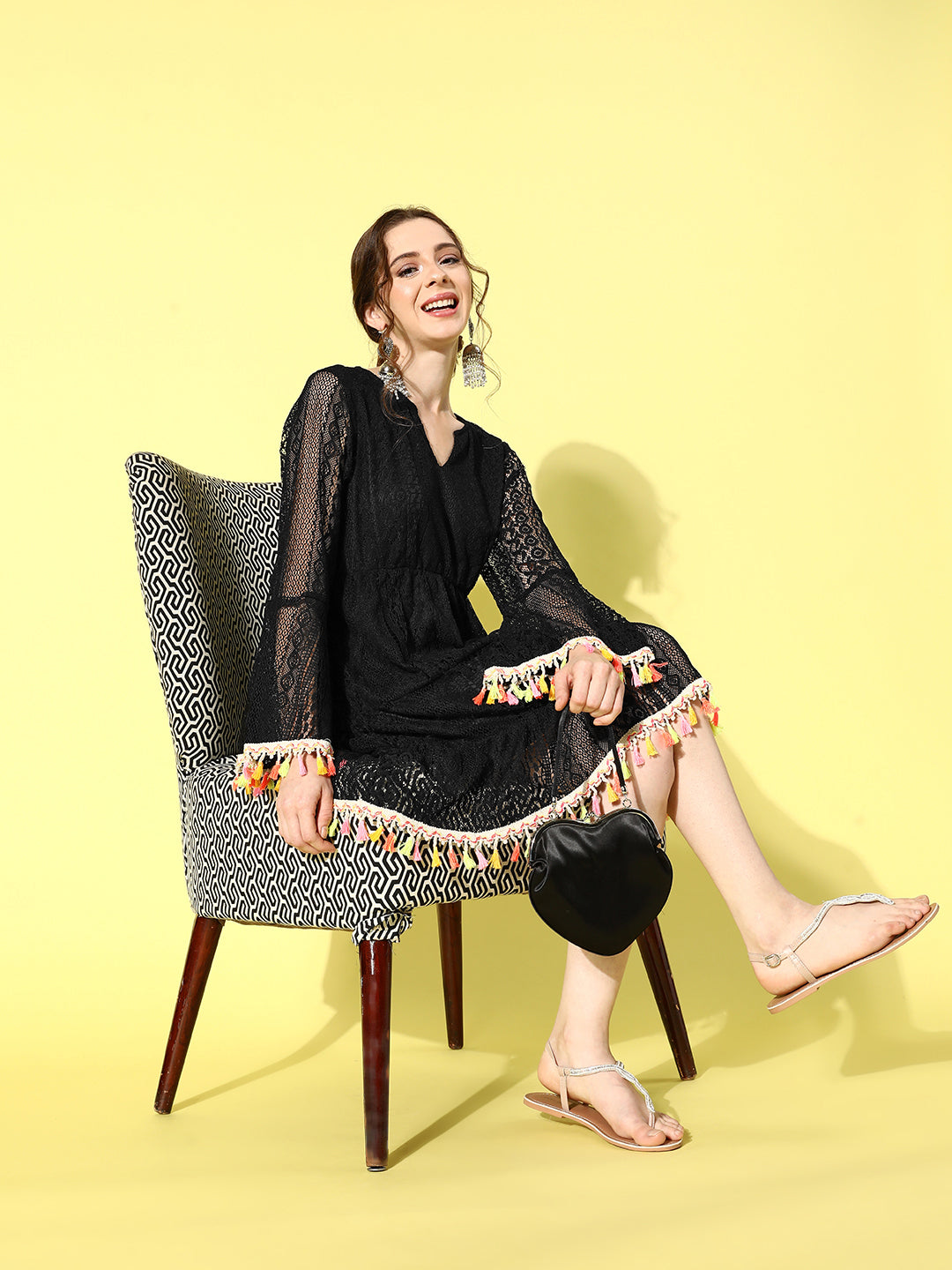 InWeave Women's Black Lacy Dress With Tassles | Grocsy