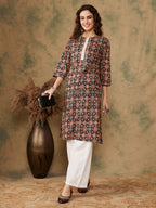 InWeave Women's Black Maroon Print Lace Gota Work Straight Kurta | Grocsy