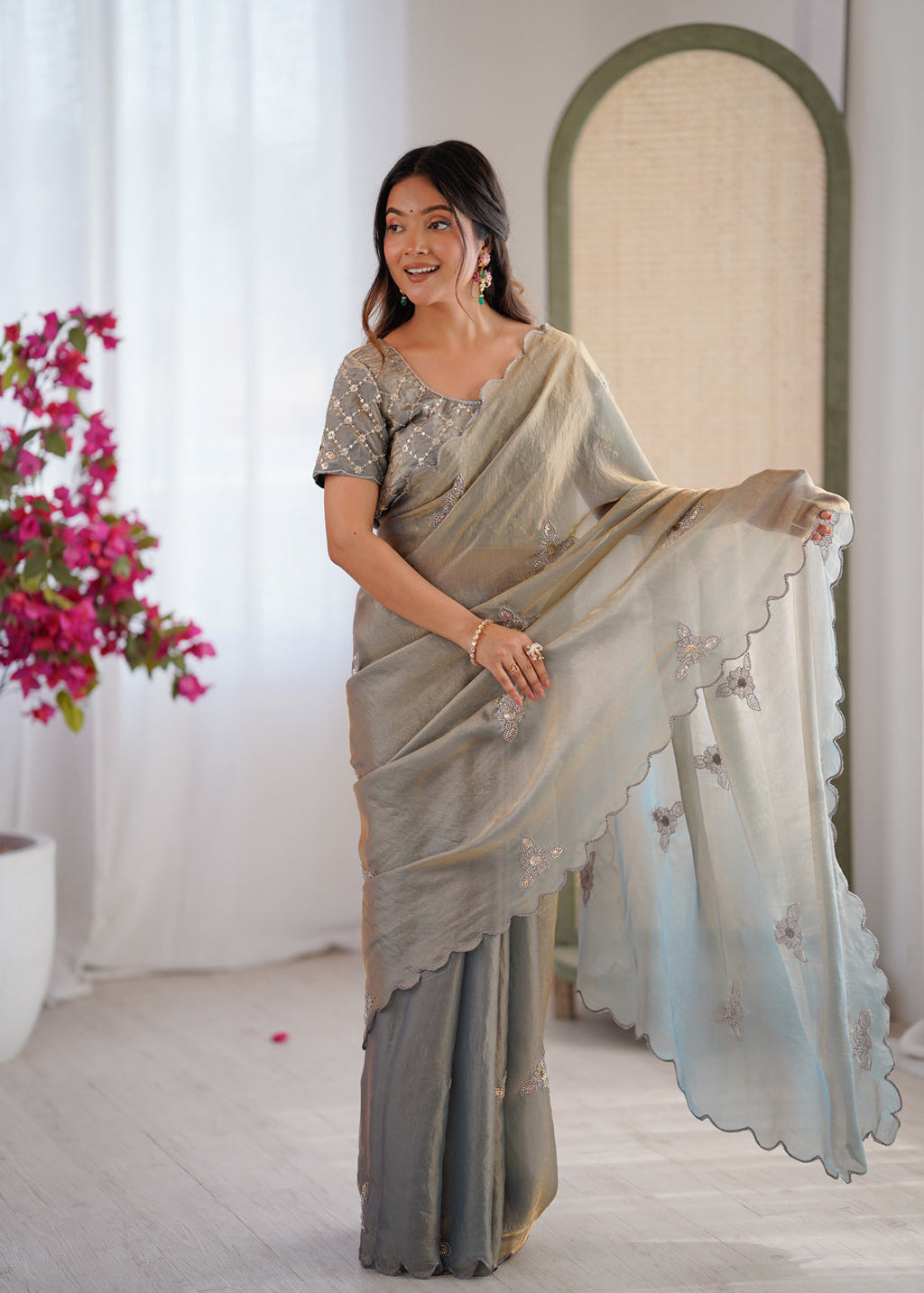 Evanik Designer Heavy Fendy Satin With Beads Embroidered Work Saree With Unstitched Blouse | Grocsy
