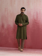 trueBrowns Men's Olive green Mandarin Collar Kurta | Grocsy