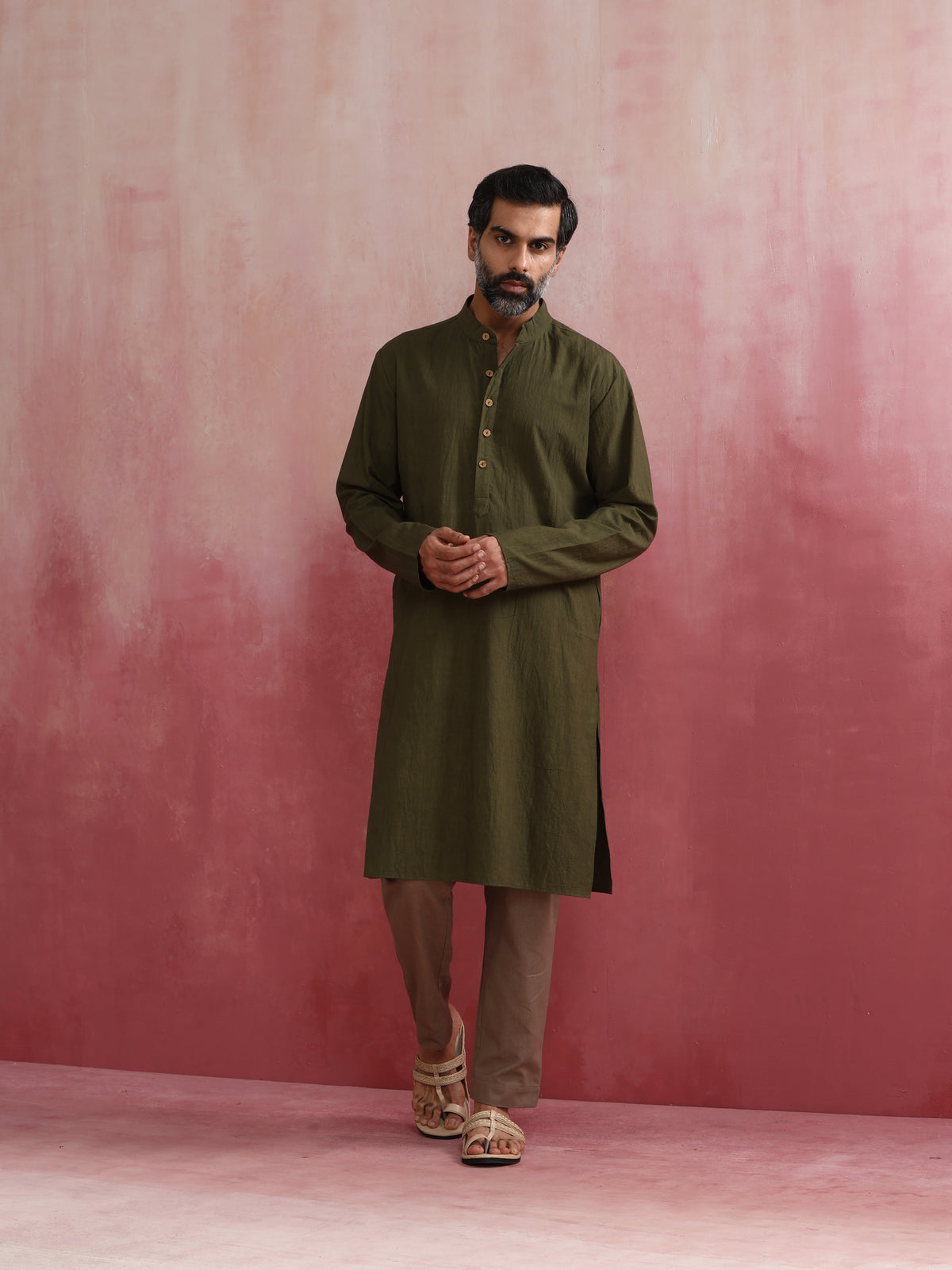 trueBrowns Men's Olive green Mandarin Collar Kurta | Grocsy