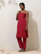 trueBrowns Maroon Cotton Linen Kurta Co-Ord Set | Grocsy