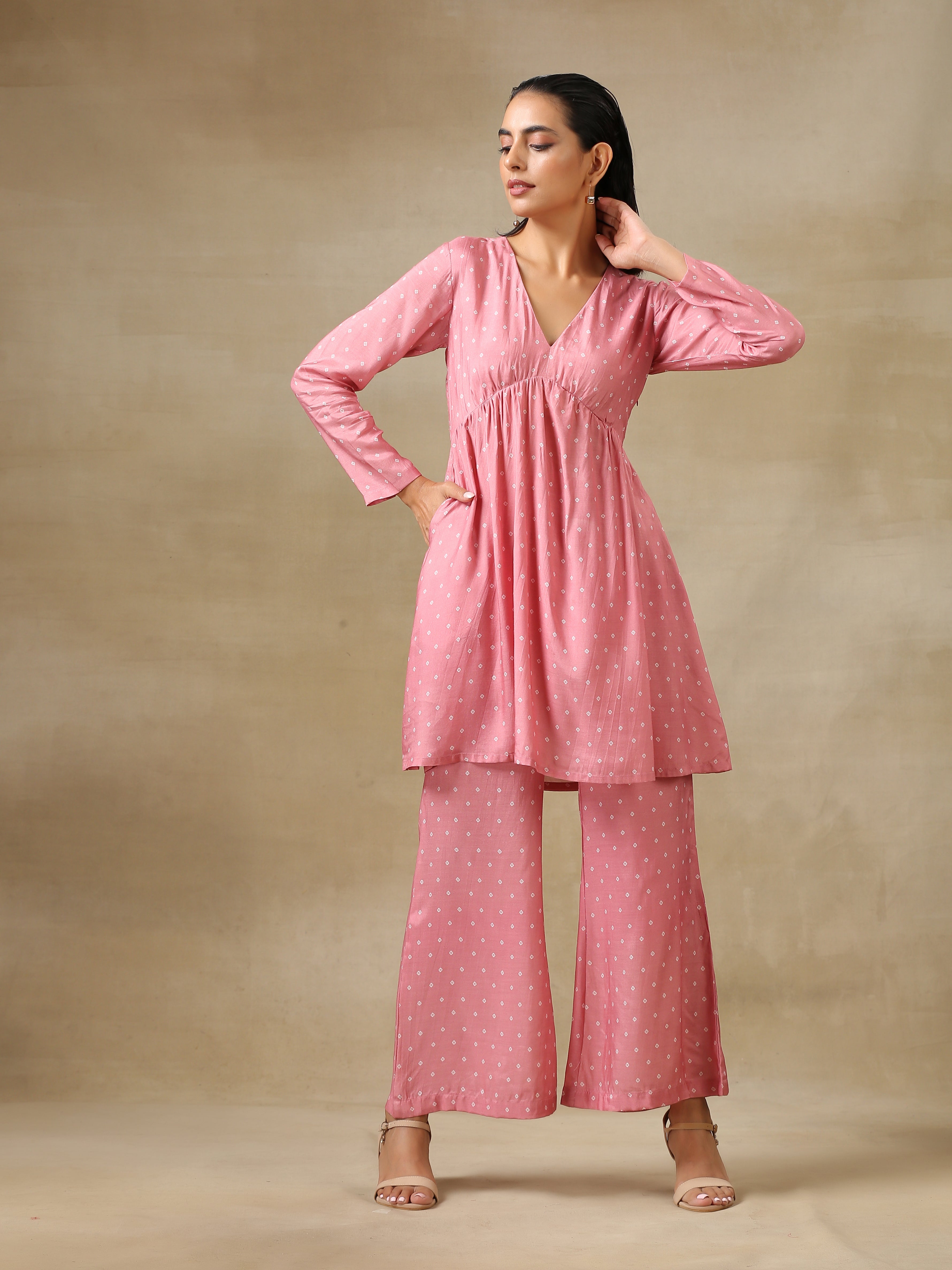 trueBrowns Light Mauve Bandhani Printed Silk Flared Kurta Pant Set | Grocsy