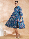 InWeave Women's Blue Pink Kalamkari Flared Dress | Grocsy