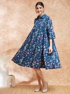 InWeave Women's Blue Pink Kalamkari Flared Dress | Grocsy