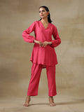 trueBrowns Pink Bandhani Printed Silk Gathered Sleeve Co-Ord Set | Grocsy