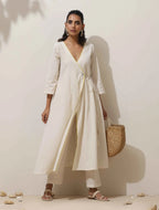 trueBrowns Off White Cotton Linen Angrakha Kurta Pant Set | Grocsy