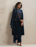 trueBrowns Blue Velvet Floral Embroidered Kurta Pant Dupatta Set | Grocsy