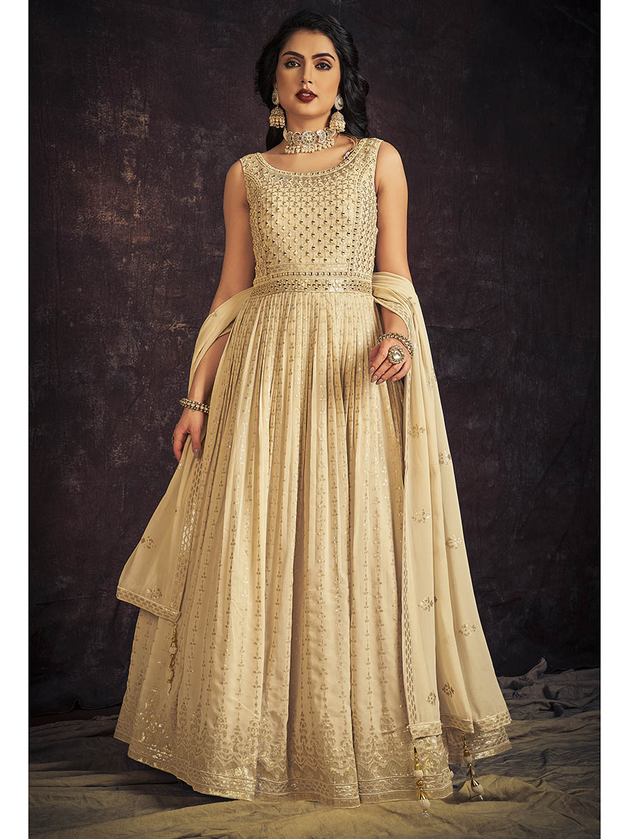 Myra Cream Real Georgette Designer Gown Style Suit | Grocsy
