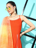 InWeave Women's Orange Red Gota Strappy Set With Orange Leh Dupatta | Grocsy