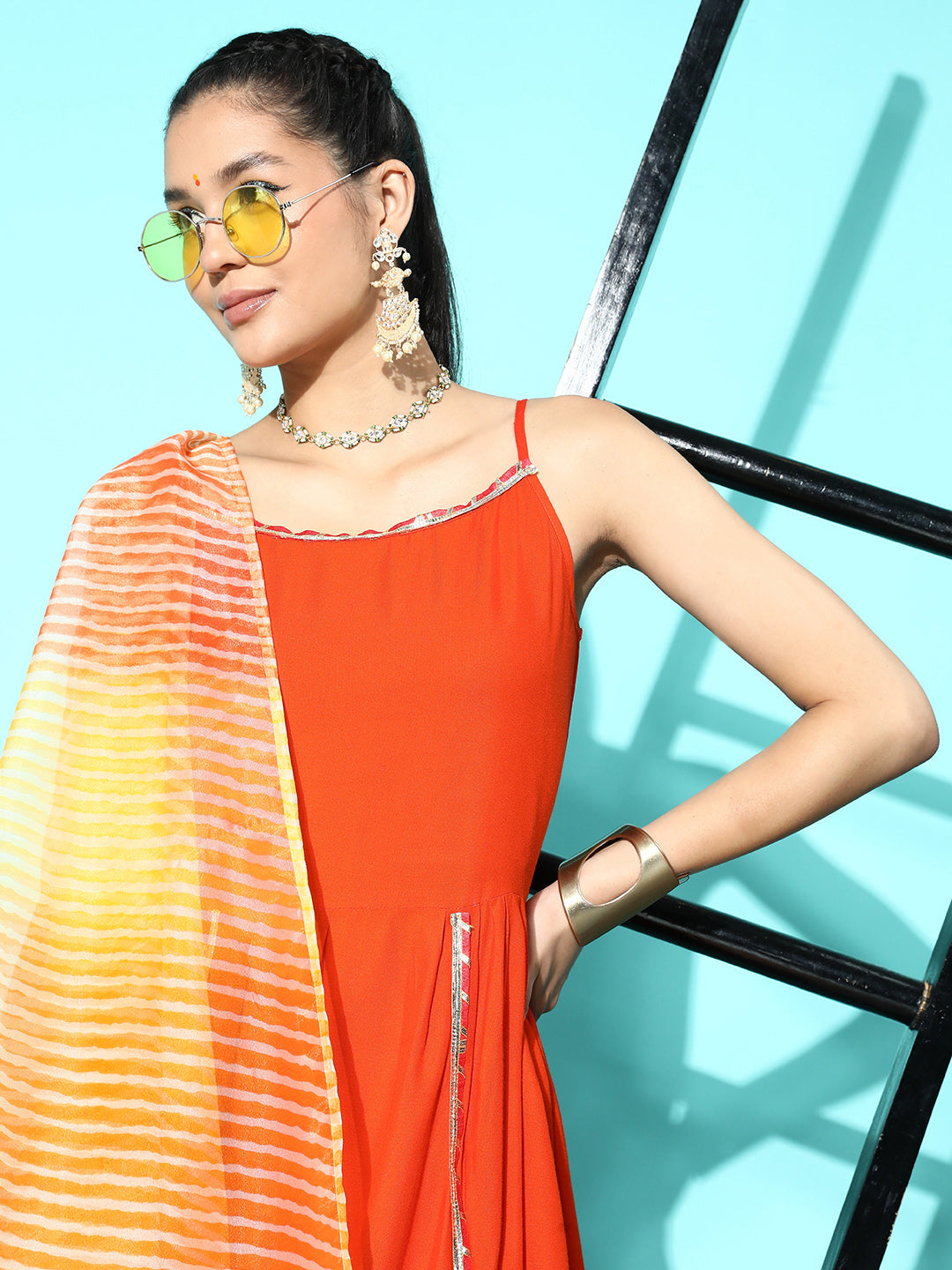 InWeave Women's Orange Red Gota Strappy Set With Orange Leh Dupatta | Grocsy