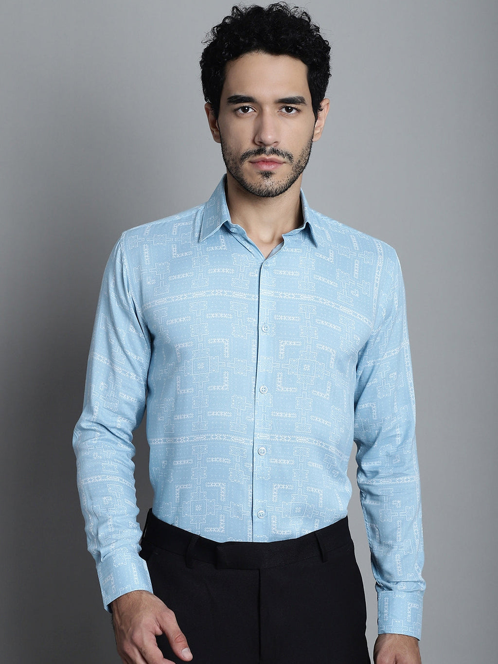 Jainish Men's Geomatric Printed Formal Shirts - Sky Blue | Grocsy