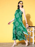 InWeave Women's Green Bandhani Motif One Shoulder Palazzo Set | Grocsy