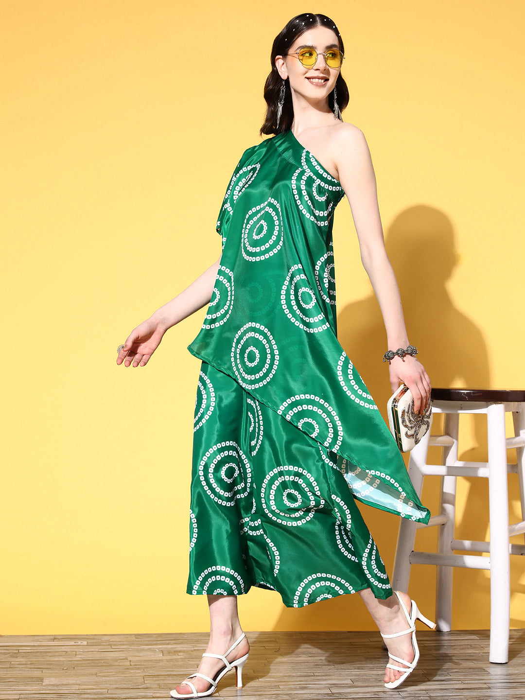 InWeave Women's Green Bandhani Motif One Shoulder Palazzo Set | Grocsy