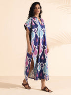 trueBrowns Blue Cotton Ikat Oversized Dress | Grocsy