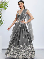 House of Panchhi Navy Blue Georgette Sequins, Mirror And Thread Embroidery Lehenga Choli & Dupatta | Grocsy