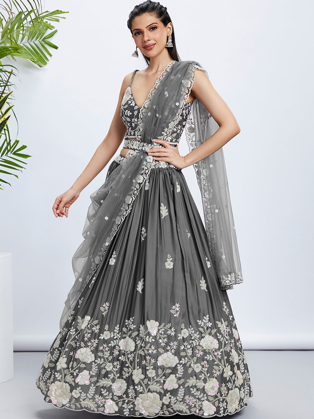 House of Panchhi Navy Blue Georgette Sequins, Mirror And Thread Embroidery Lehenga Choli & Dupatta | Grocsy