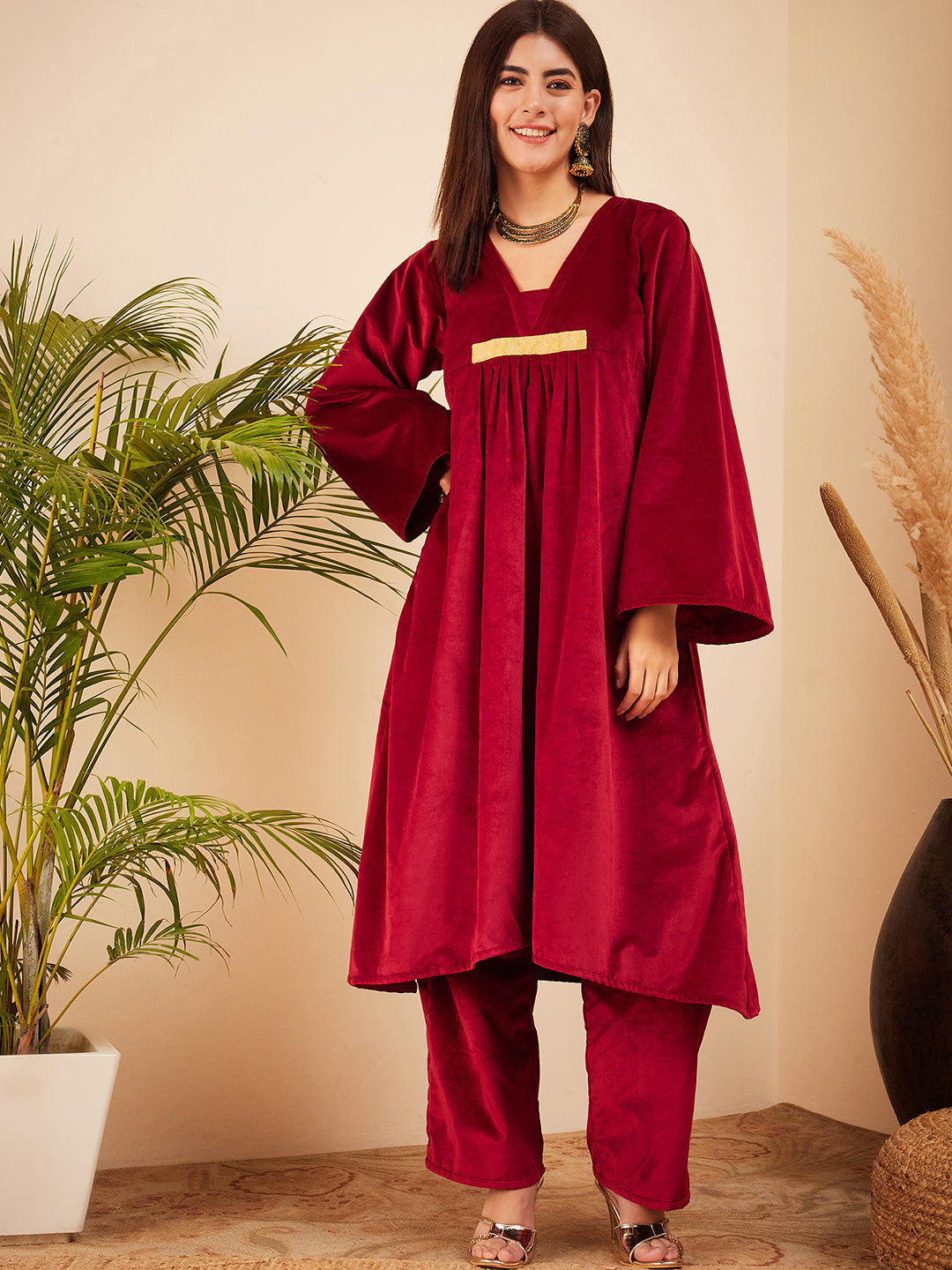 InWeave Women's Barn Red V Neck Asymmetrical Pleated Velvet Kurta Set | Grocsy
