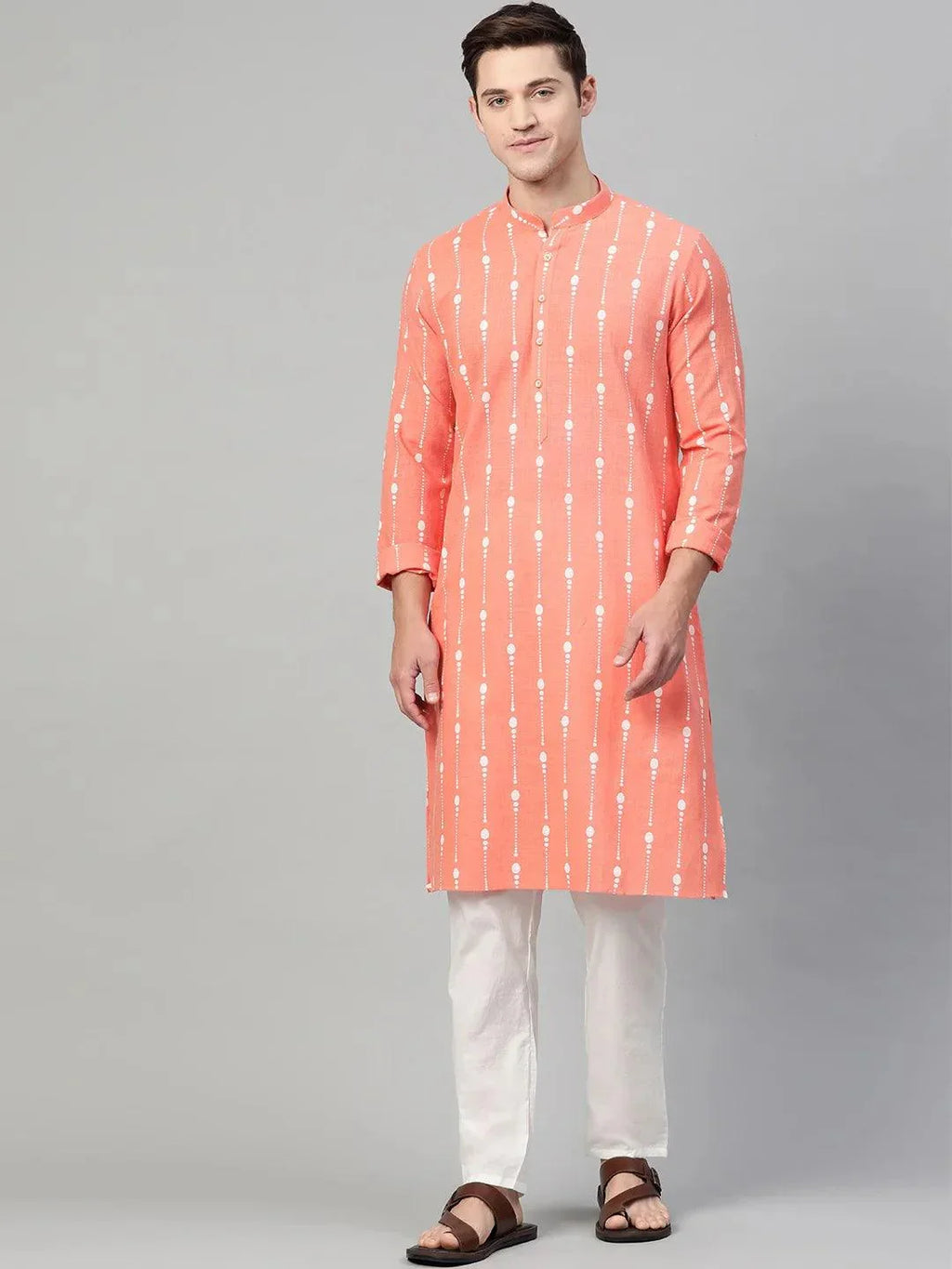 Fabmade Peach & White Printed Straight Kurta With Pyjama For Men | Grocsy