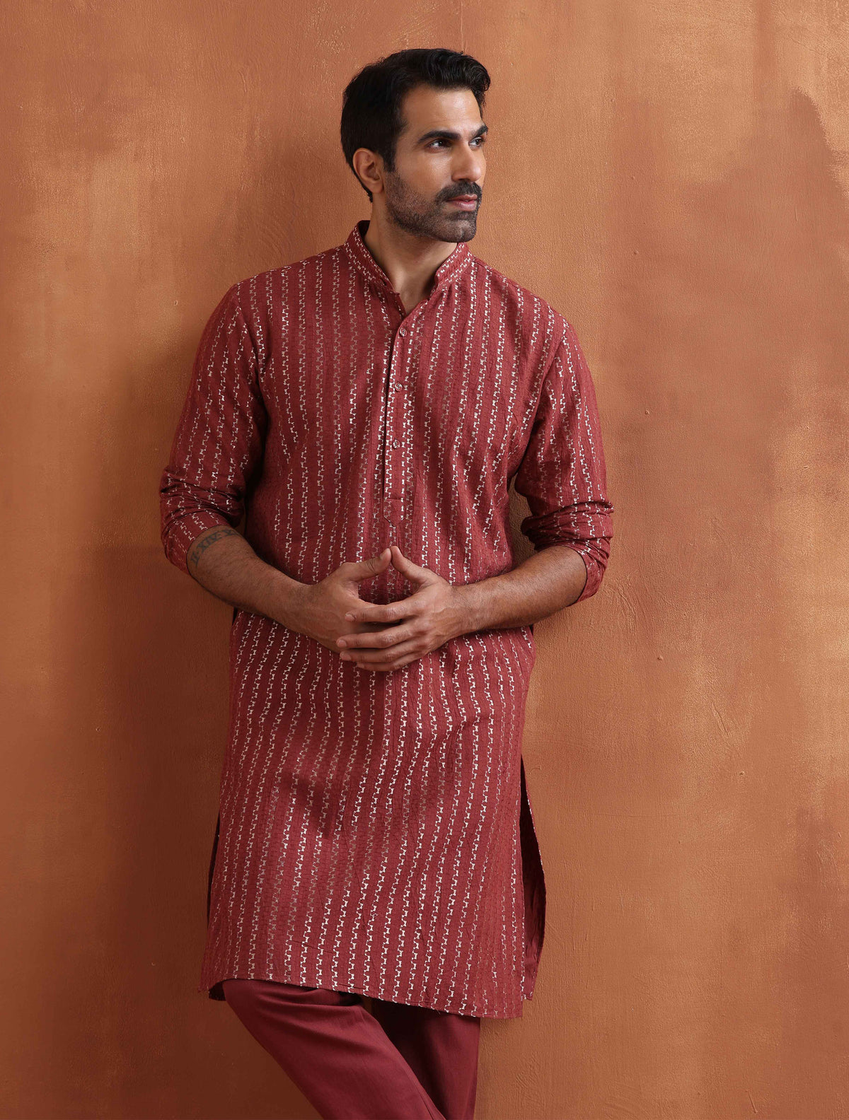 trueBrowns Men's Rust Cotton Dobby Kurta | Grocsy