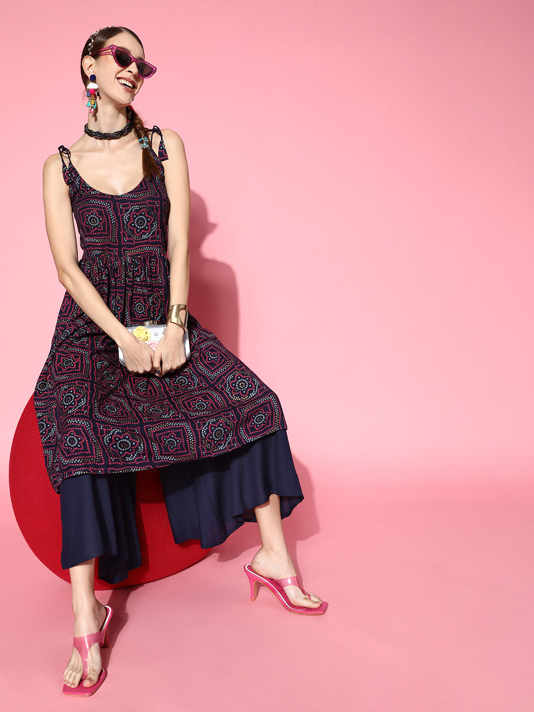 InWeave Women's Navy Bandhani Backdetail Kurta Set | Grocsy