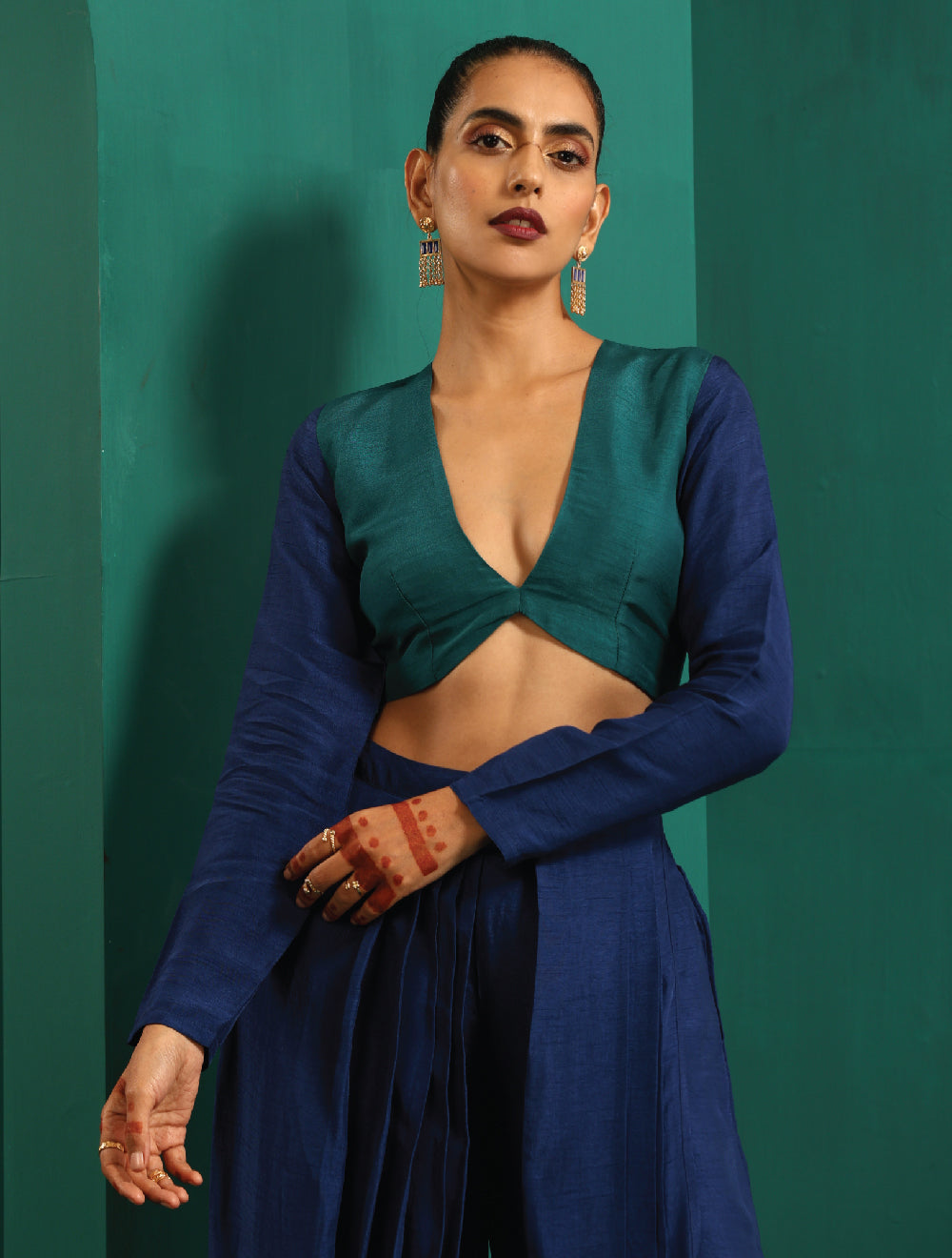 trueBrowns Teal Blue Silk Full Sleeve Blouse | Grocsy