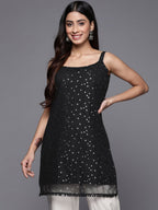 Ahalyaa Woman Silver Foil Printed Shoulder Straps Net Tunic | Grocsy