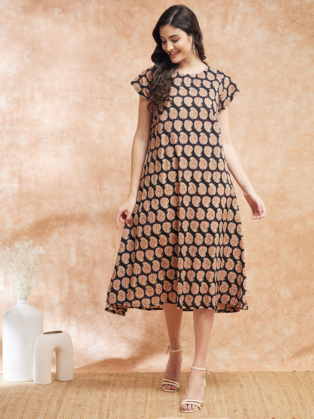 InWeave Women's Black Small Paisley Kalamkari A Line Dress | Grocsy