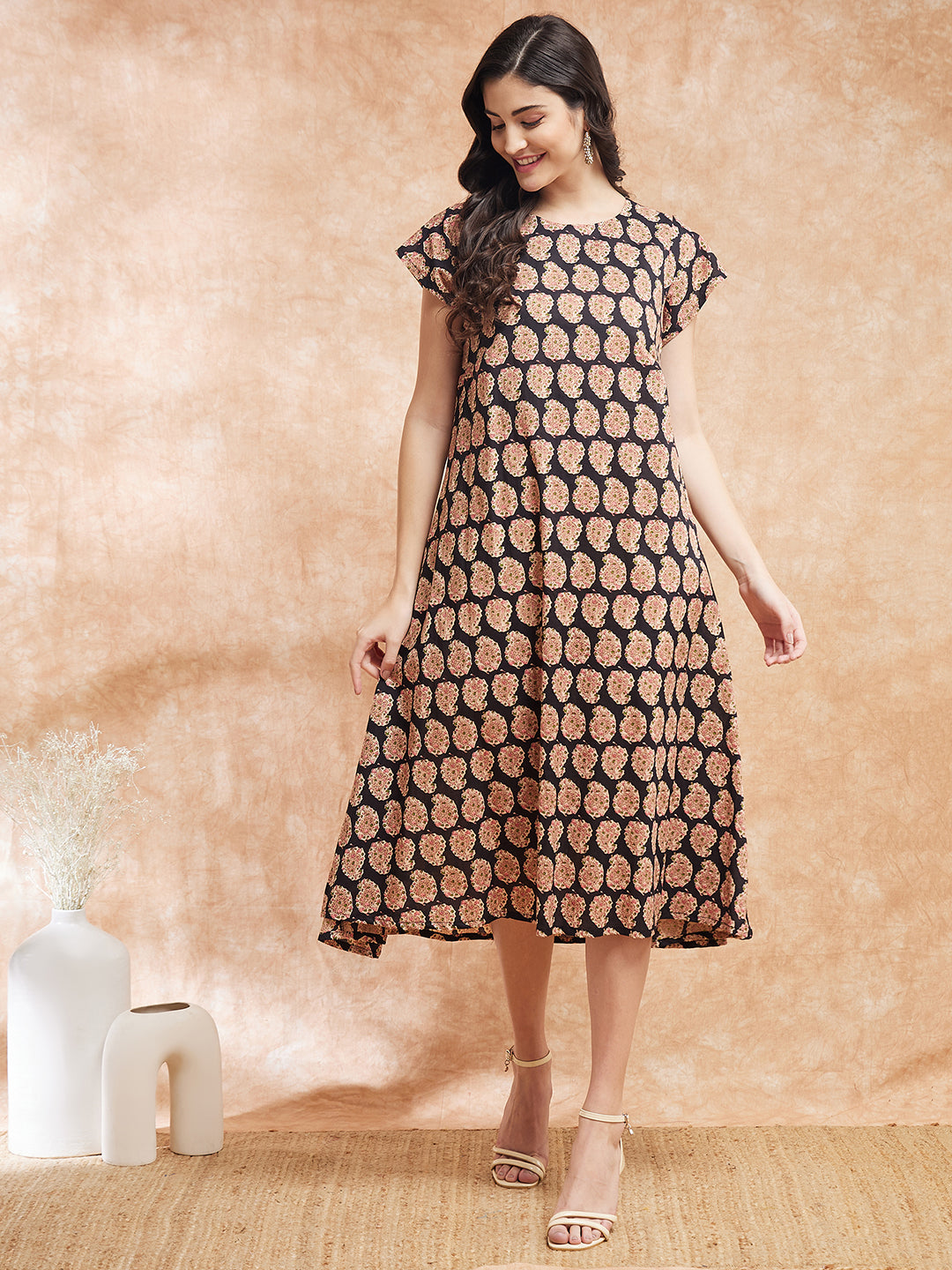 InWeave Women's Black Small Paisley Kalamkari A Line Dress | Grocsy