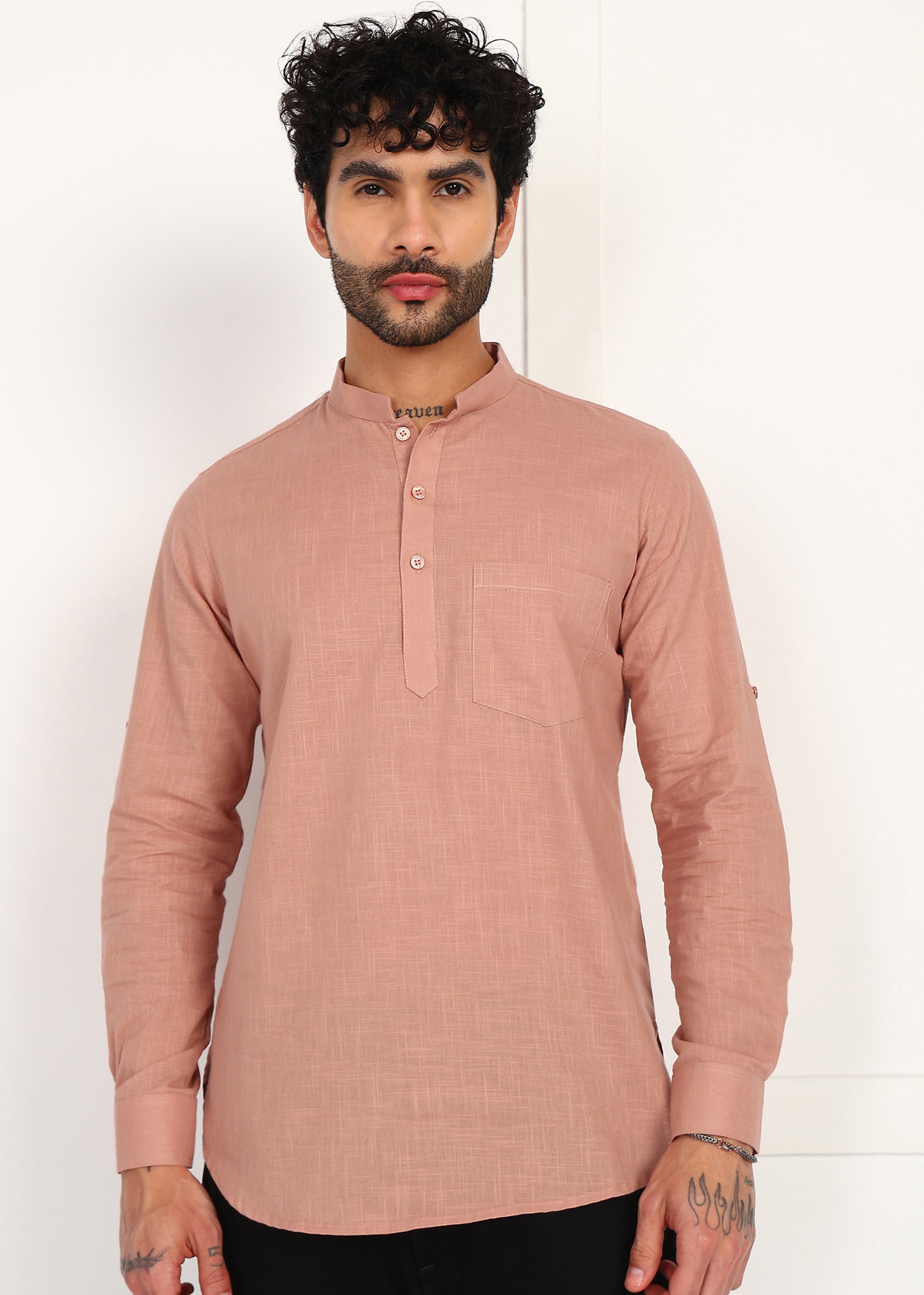 Fabmade Men’S Peach Linen Short Kurta | Grocsy