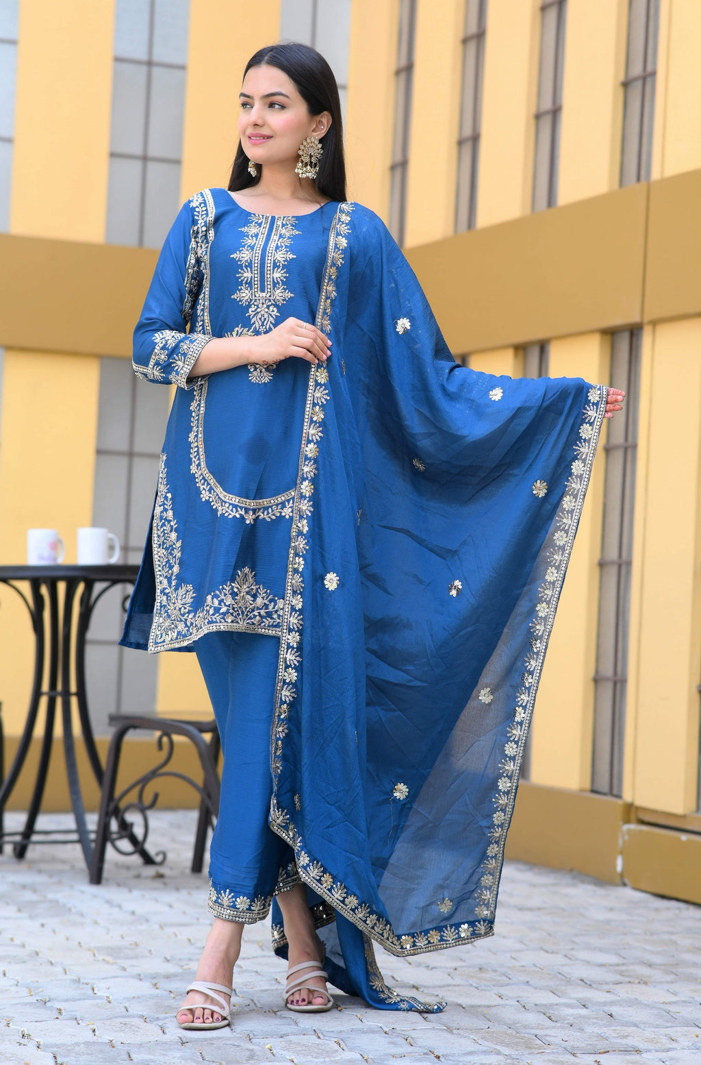 Teeya Creation Blue Color Chinon Silk Heavy Embroidery Work Fully Stitched Salwar Suit | Grocsy