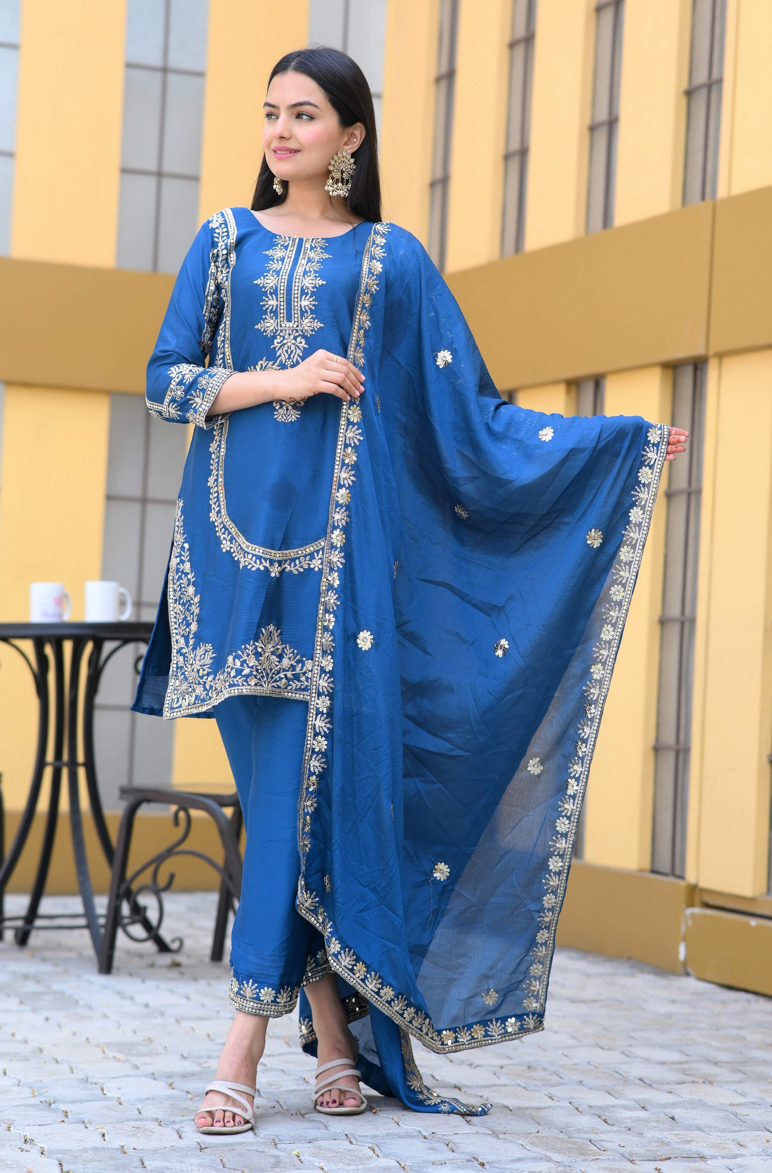 Teeya Creation Blue Color Chinon Silk Heavy Embroidery Work Fully Stitched Salwar Suit | Grocsy