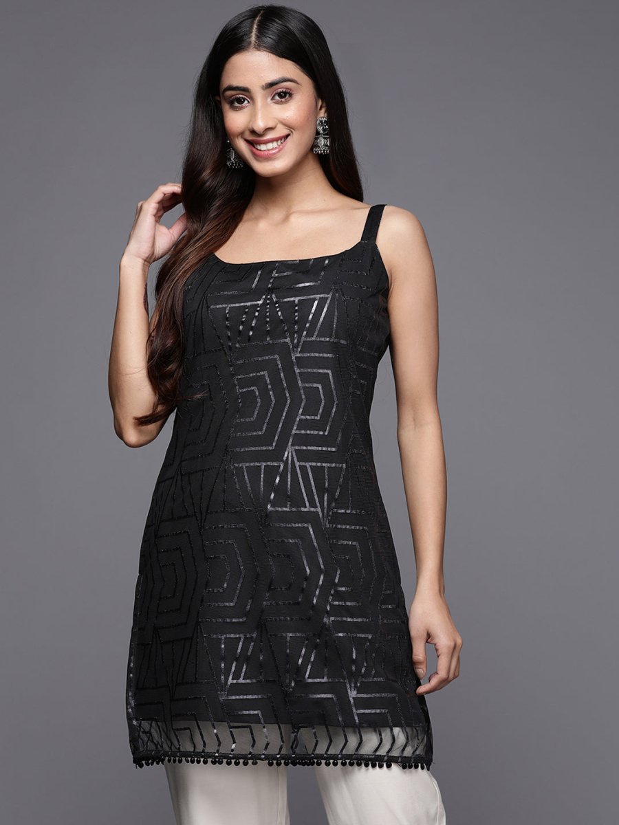 Ahalyaa Square Neck Printed Embellished Crepe Tunic | Grocsy