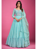 Myra Blue Chinon Silk Embroidered Gown | Grocsy