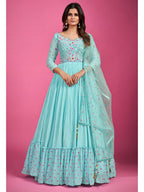 Myra Blue Chinon Silk Embroidered Gown | Grocsy