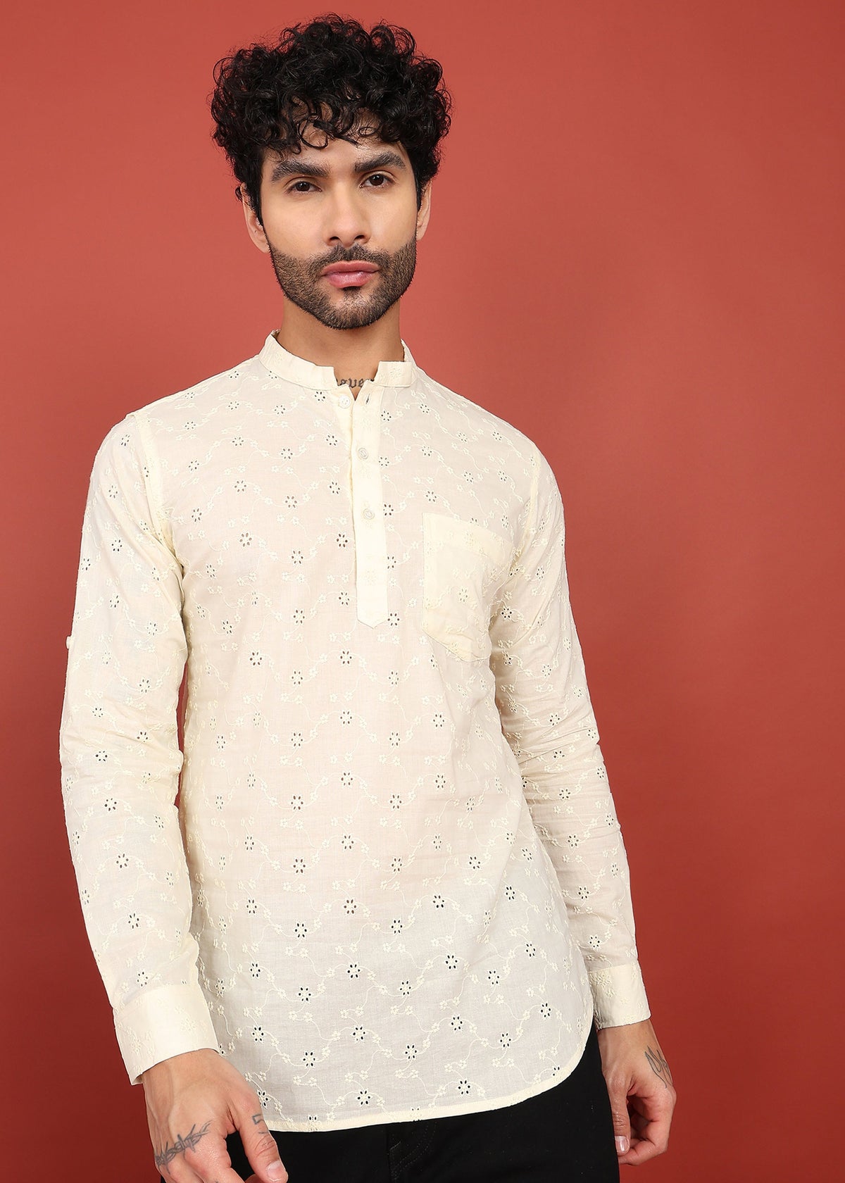 Fabmade Ivory Bloom Embroidered Short Kurta | Grocsy