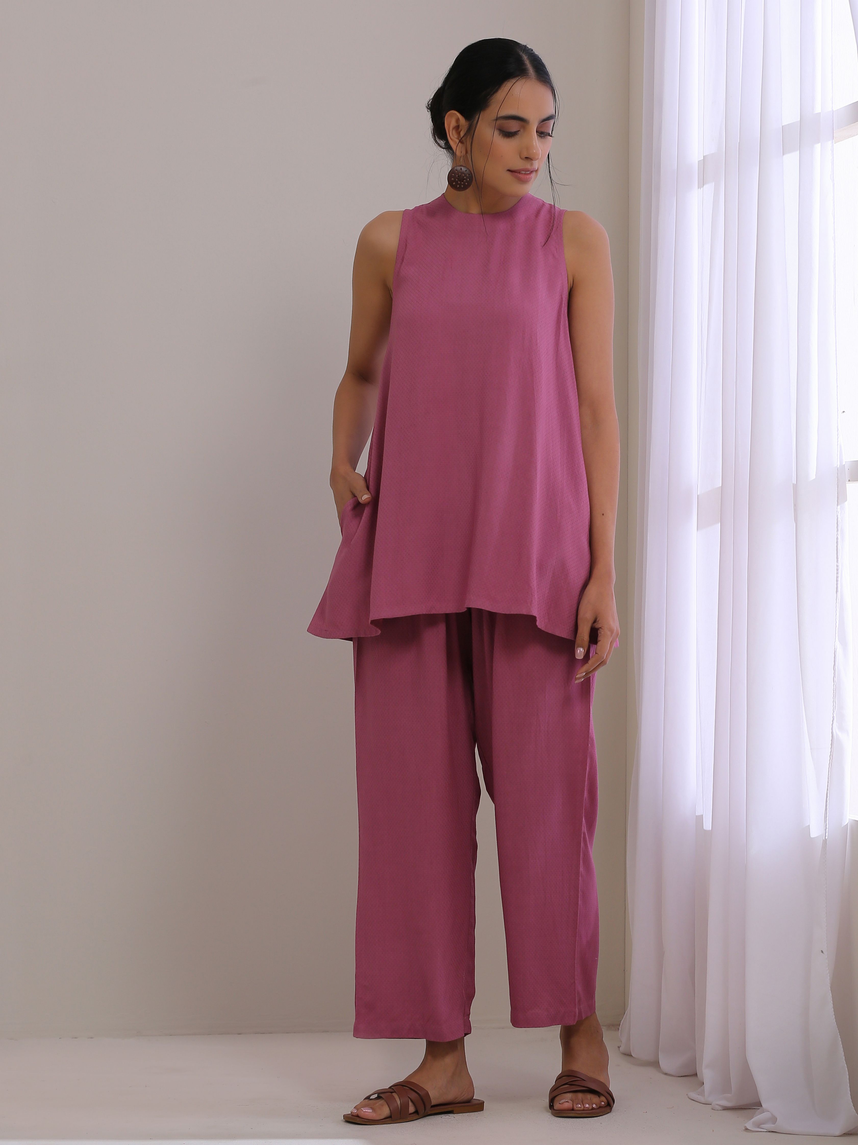 trueBrowns Onion Pink Dobby Sleeveless Short Co-Ord Set | Grocsy