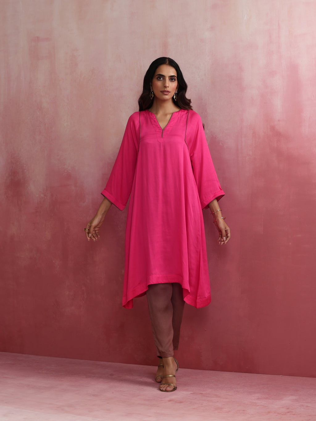 trueBrowns Pink Modal Kimono Kurta Set | Grocsy