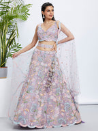 House of Panchhi Pink Chiffon Sequins And Thread Embroidery Lehenga Choli & Printed Dupatta | Grocsy