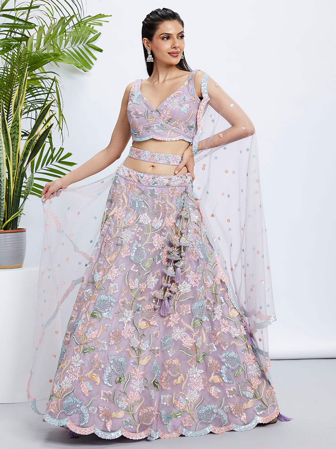 House of Panchhi Pink Chiffon Sequins And Thread Embroidery Lehenga Choli & Printed Dupatta | Grocsy