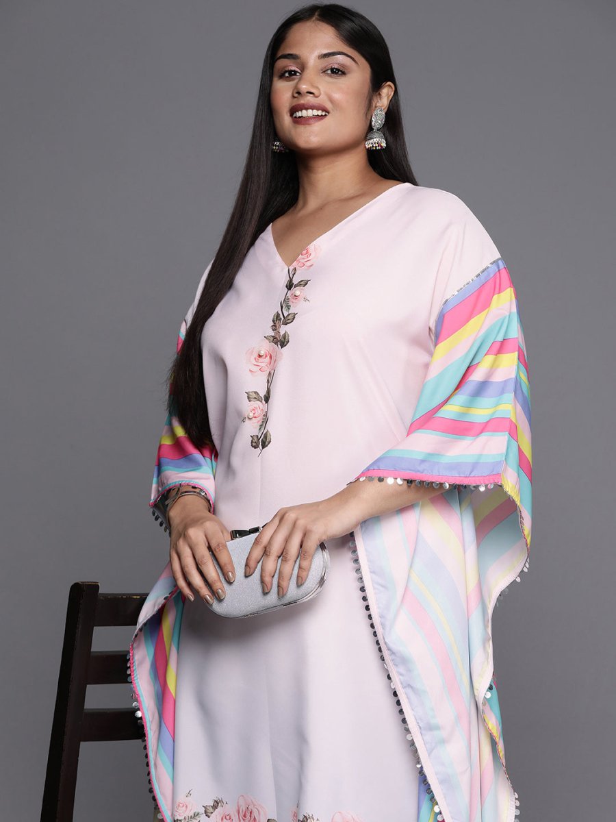 Ahalyaa Printed Plus Size Flared Sleeves Sequined Crepe Kaftan Kurta | Grocsy