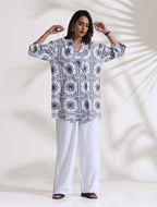trueBrowns White Cotton Print Jacket Co-ord Set | Grocsy